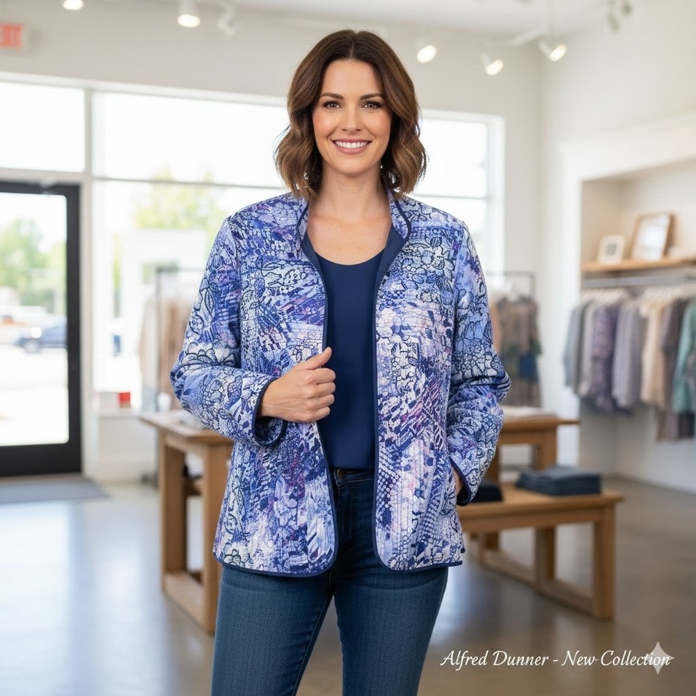 Alfred Dunner Petite Blue Purple Floral Pleated Open Front Jacket Sz 14P Spring